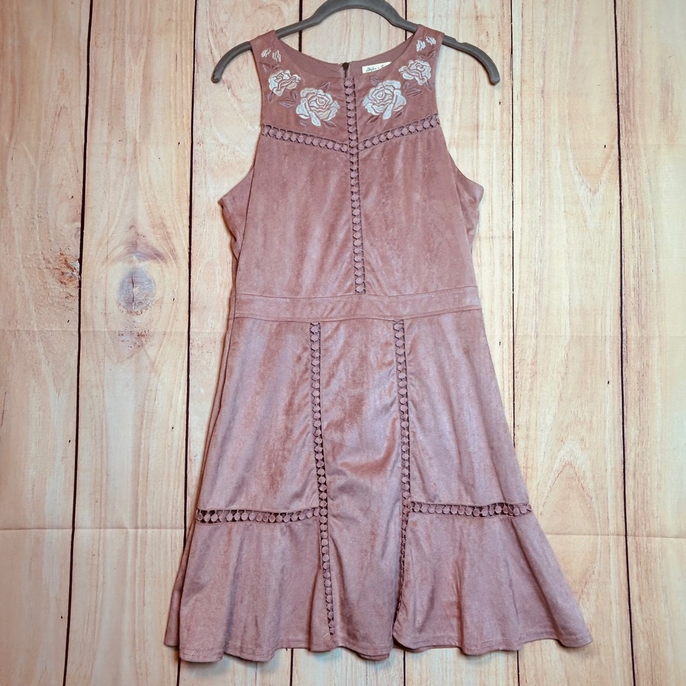Skylar + Jade Faux Suede Dress Womens L Mauve Embroidered‎ Boho Western Festival